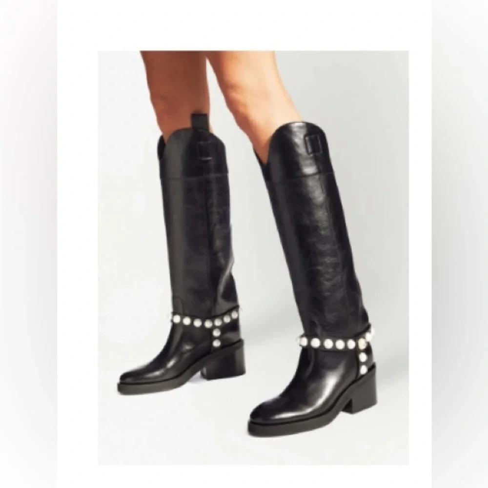Jimmy Choo Tonya 70 leather boots. Note one pearl is off(refer to the picture)